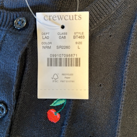 NWT Jcrew Crewcuts cardigan size 10-11. Large. NWT. Navy blue with cherries. - Picture 2 of 3